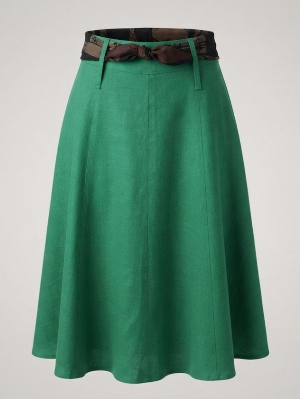 Vtg A-Line Skirt Green Linen-Blend w/ Patterned Waist Tie Size M 14" Waist